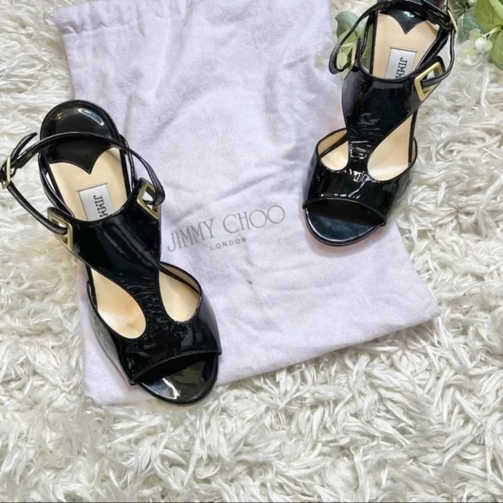 Jimmy Choo Black Patent Leather Stiletto Sandals 36 Nwot Chic & Elegant